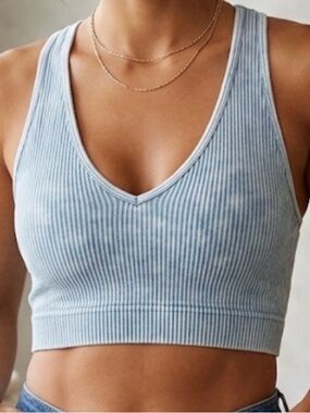 Zenana Stone Washed Ribbed Padded V-Neck Soft Blue Bralette